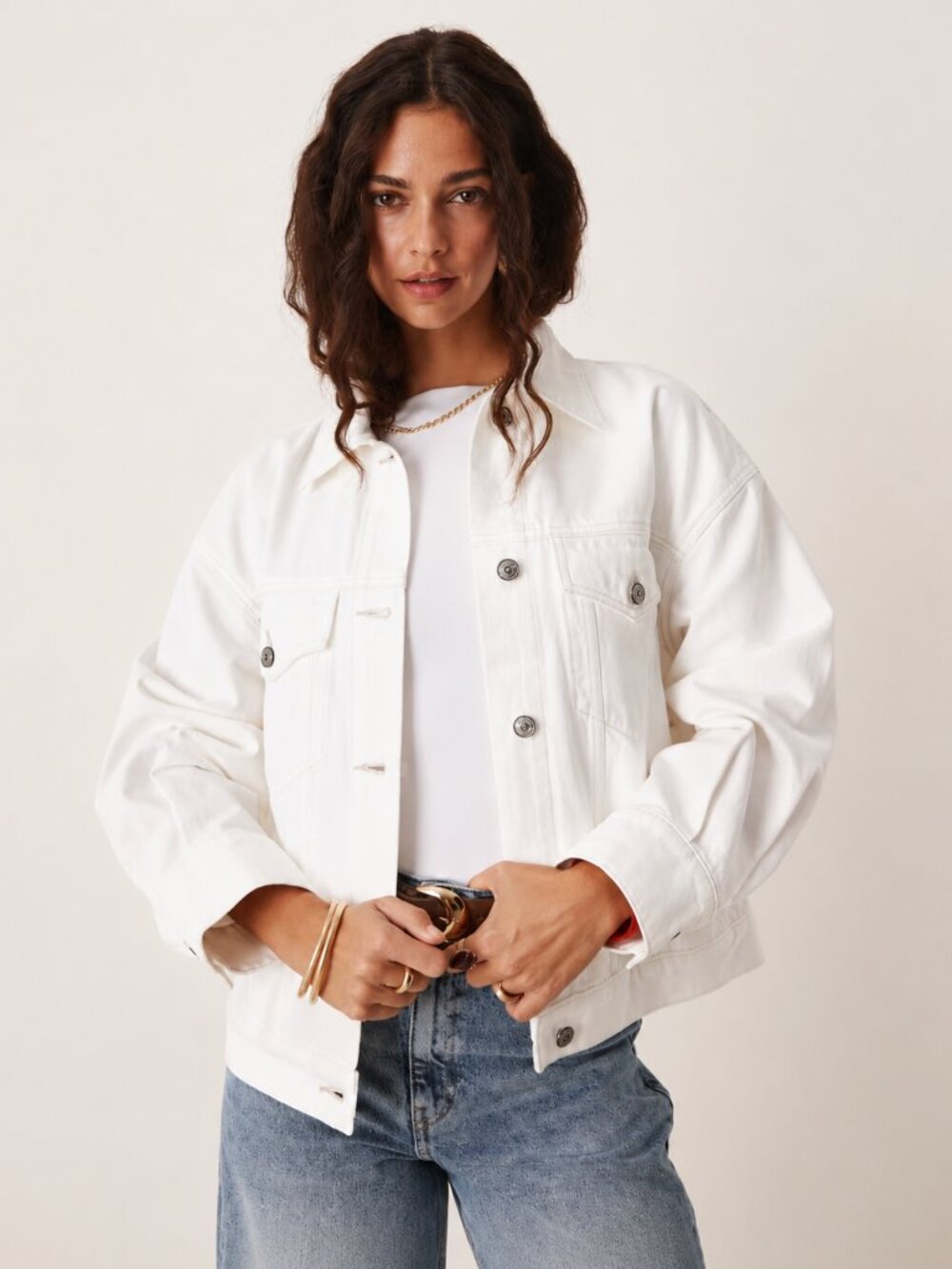 Like New- Abercrombie Women's Oversized White Denim Trucker Jacket Size Medium